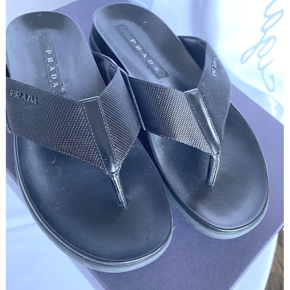 Prada Mens Black Leather and nylon Thong Sandals 4Y3208